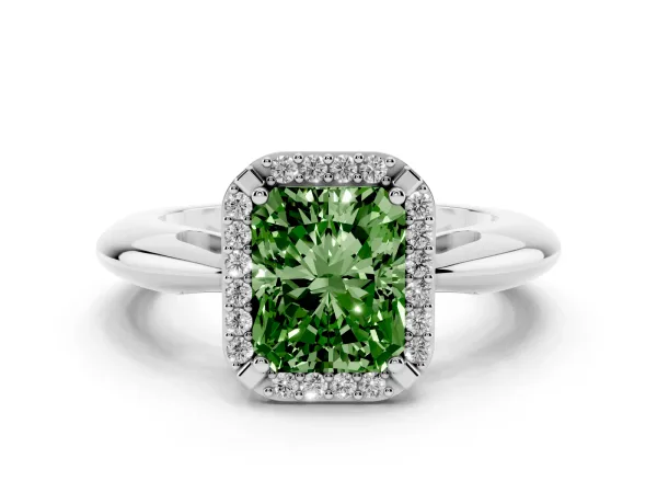 Fancy Green Radiant Cut Cut Diamond Halo Engagement Ring with Split Shank and Four-Prong Setting White gold