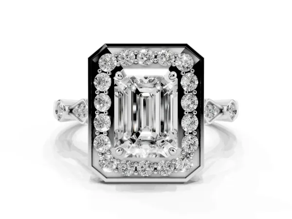 Emerald Cut Halo Diamond Engagement Ring with Twisted Band and Four-Prong Setting White gold