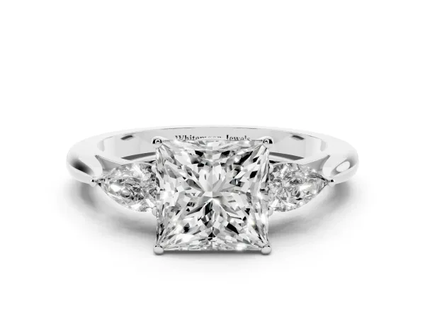 Three-Stone Princess Cut Brilliant Diamond Solitaire Ring with Tapered Band and Four-Prong Setting White gold