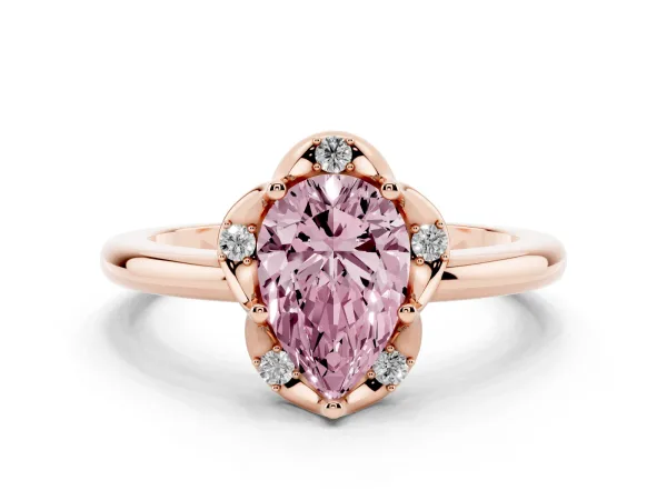 Fancy Pink Pear Cut Halo Diamond Ring with Round Cluster Setting, Solitaire Band, and Four-Prong Setting Rose gold