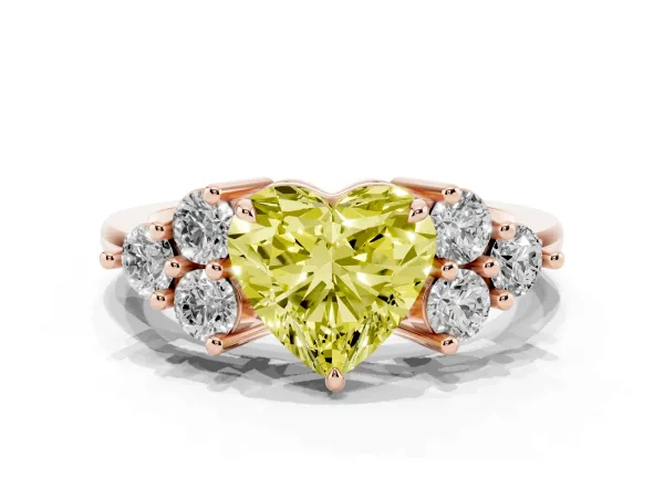 Fancy Yellow Heart Cut Brilliant Diamond Cluster Accent Solitaire Ring with Prong Setting Rose gold