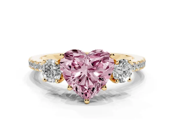 Fancy Pink Three-Stone Heart Cut Cut Diamond Pavé Band with Prong Setting Yellow gold