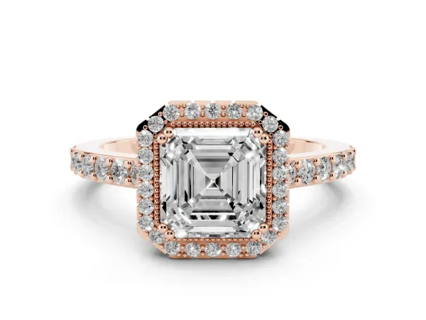 Asscher Cut Cut Diamond Halo Engagement Ring with Milgrain Detail and Pavé Band Rose gold
