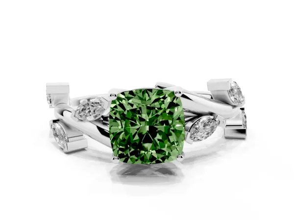 Fancy Green Cushion Cut Solitaire Twisted Band Marquise Accent Prong Setting Ring Platinum