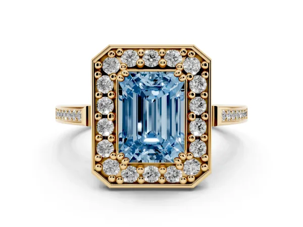 Fancy Blue Emerald Cut Diamond Halo Ring with Split Shank and Four-Prong Setting Yellow gold