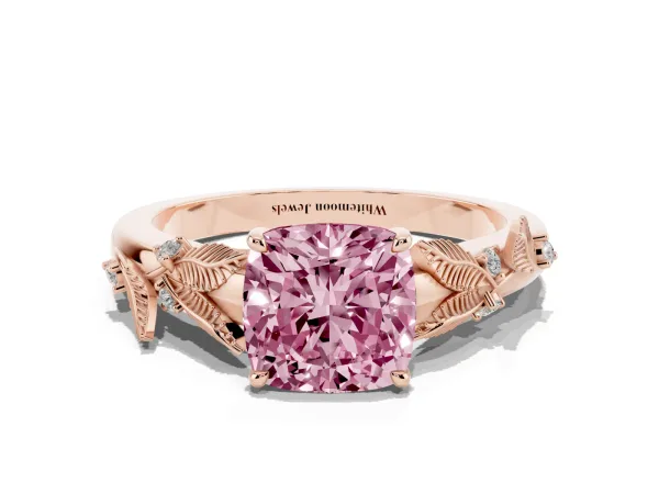 Fancy Pink Cushion Cut Diamond Solitaire Ring with Leaf Motif Band and Four-Prong Setting Rose gold