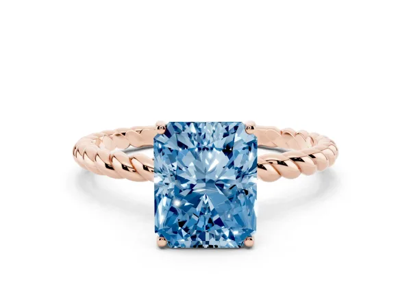 Fancy Blue Radiant Cut Solitaire Twist Band Ring with Four-Prong Setting Rose gold