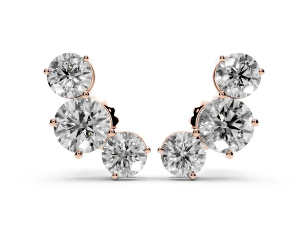 Round Cut Diamond Graduated Three-Stone Stud Earrings Rose gold