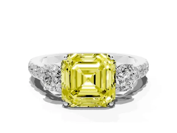 Fancy Yellow Asscher Cut Cut Diamond Three-Stone Ring with Round Side Stones and Pavé Band Platinum