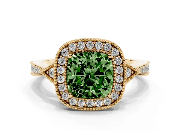 Fancy Green Cushion Cut Halo Round Diamond Milgrain Pave Engagement Ring Yellow gold