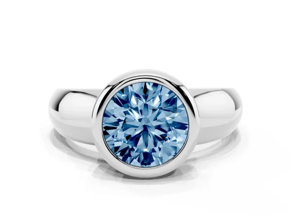 Fancy Blue Bezel Set Round Cut Solitaire Ring with Wide Band White gold