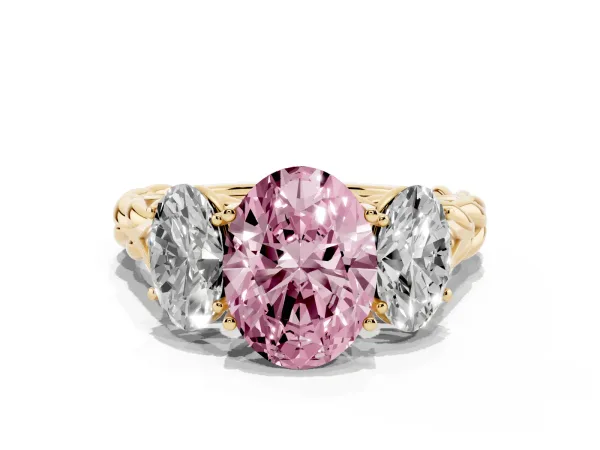 Fancy Pink Three-Stone Oval Cut Diamond Braided Band Ring with Four-Prong Setting Yellow gold