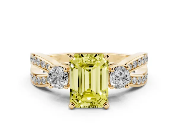 Fancy Yellow Three-Stone Emerald Cut Cut Diamond Twist Band with Prong Setting Yellow gold