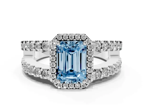 Fancy Blue Emerald Cut Cut Halo Split Shank Diamond Ring with Four-Prong Setting White gold