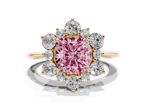 Fancy Pink Cushion Cut Diamond Cluster Halo Ring with Solitaire Band and Four-Prong Setting Yellow gold