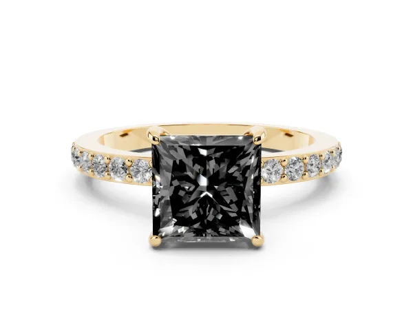 Fancy Black Princess Cut Diamond Solitaire Engagement Ring with Pavé Band and Four-Prong Setting Yellow gold