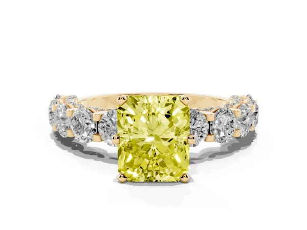 Fancy Yellow Radiant Cut Diamond Side Stone Engagement Ring with Four-Prong Setting Yellow gold
