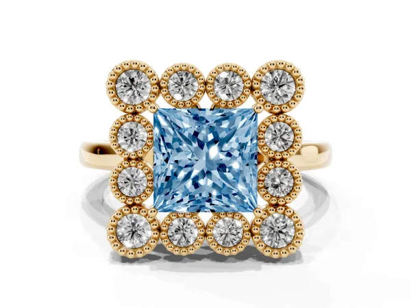Fancy Blue Princess Cut Halo Diamond Cluster Engagement Ring with Milgrain Bezel Setting and Solitaire Band Yellow gold