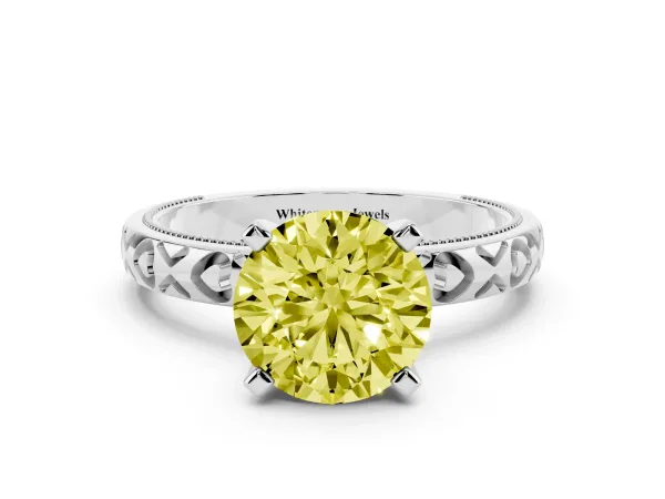 Fancy Yellow Round Cut Solitaire Diamond Engagement Ring with XO Engraved Band and Four-Prong Setting Platinum