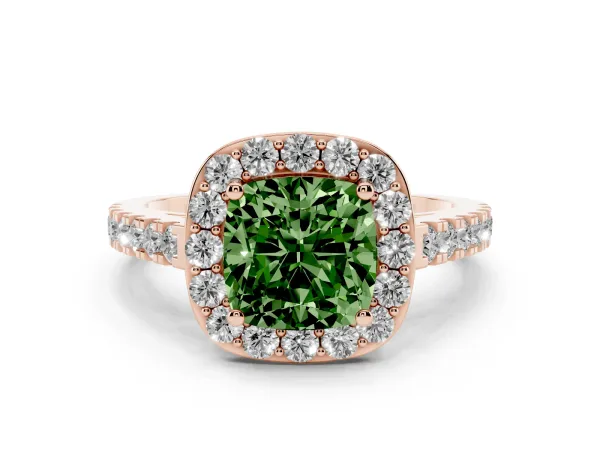 Fancy Green Cushion Cut Diamond Halo Ring with Round Pavé Split Shank and Prong Setting Rose gold