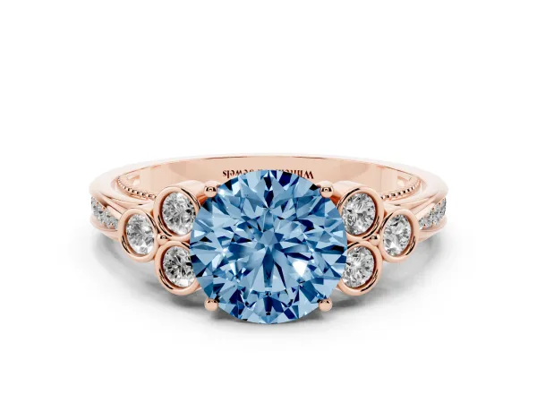 Fancy Blue Round Cut Cut Diamond Engagement Ring with Bezel Set Round Side Stones and Prong Setting Rose gold