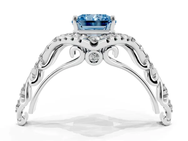 Fancy Blue Radiant Cut Diamond Solitaire Ring with Hidden Halo and Pavé Band Platinum
