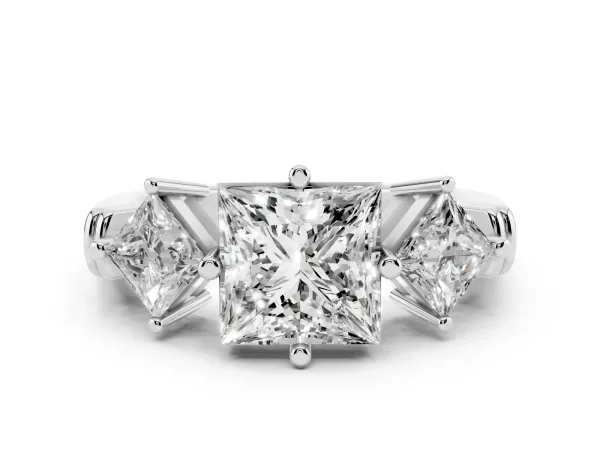 Three-Stone Princess Cut and Princess Cut Diamond Ring with Channel Band and Four-Prong Setting Platinum