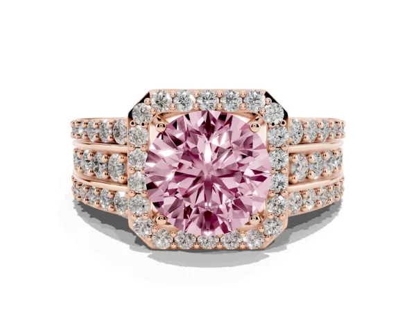 Fancy Pink Round Cut Halo Diamond Ring with Round Split Shank and Prong Setting Rose gold