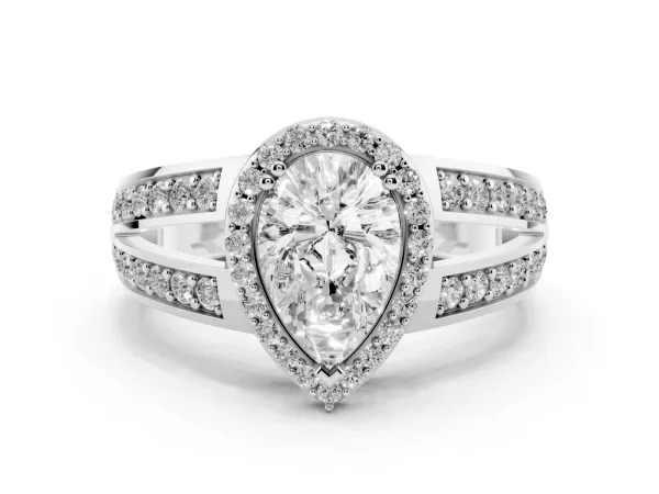 Pear Cut Diamond Halo Ring with Split Shank Pavé Band and Four-Prong Setting White gold