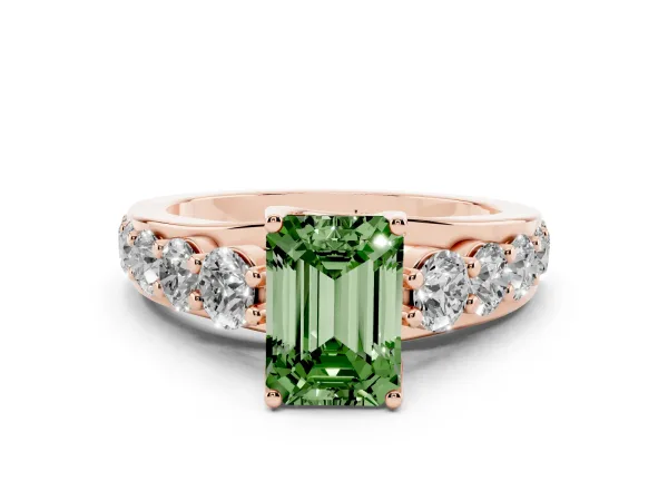 Fancy Green Emerald Cut Diamond Engagement Ring with Pavé Band and Four-Prong Setting Rose gold