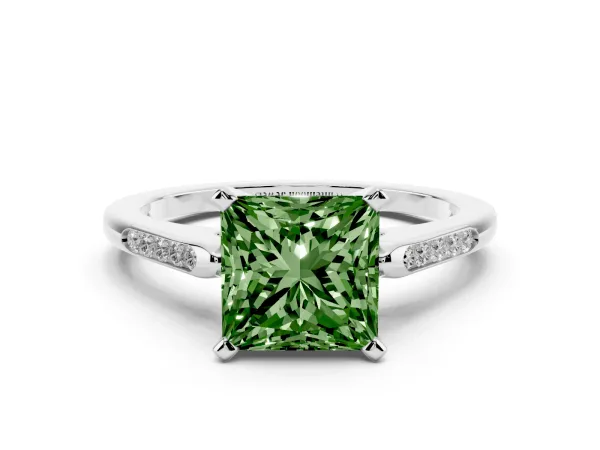 Fancy Green Princess Cut Diamond Solitaire Ring with Channel Set Round Band and Prong Setting Platinum