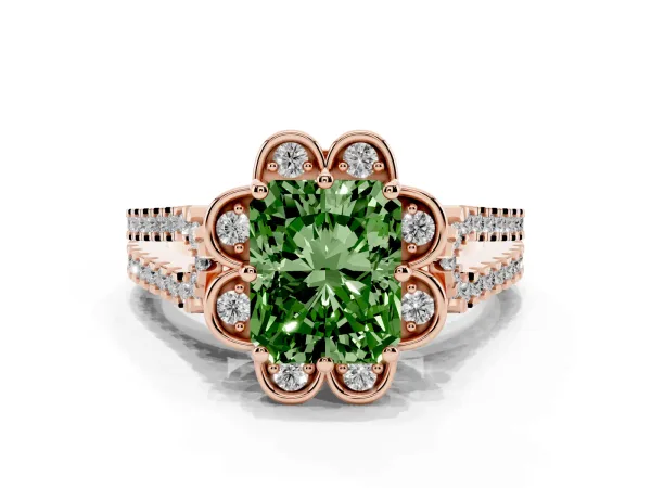Fancy Green Radiant Cut Halo Diamond Floral Split Shank Engagement Ring Rose gold