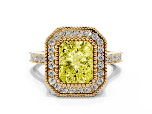 Fancy Yellow Radiant Cut Diamond Halo Ring with Milgrain Frame and Pavé Band Yellow gold
