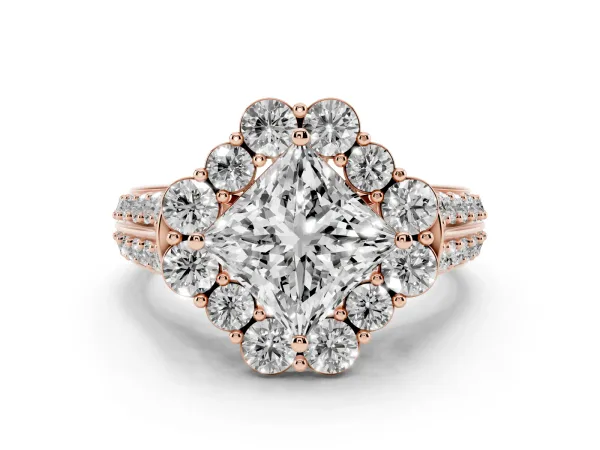 Princess Cut Halo Diamond Engagement Ring with Split Shank and Prong Setting Rose gold