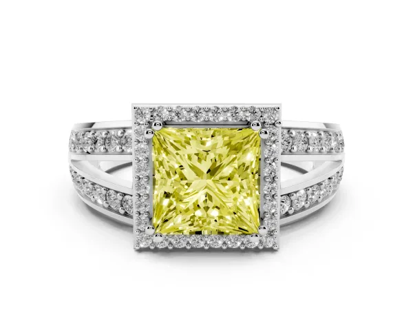 Fancy Yellow Princess Cut Diamond Halo Ring with Split Shank Pavé Band and Four-Prong Setting Platinum