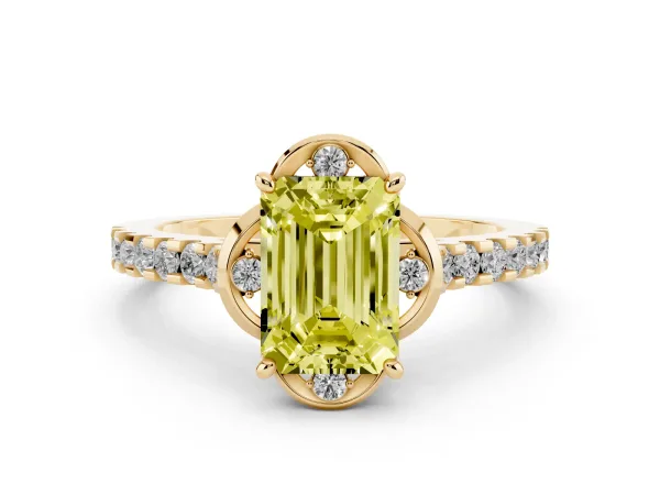 Fancy Yellow Emerald Cut Diamond Ring with Pavé Band and Floral Prong Setting Yellow gold