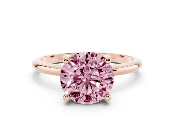 Fancy Pink Round Cut Solitaire Diamond Ring with 4-Prong Setting on a Classic Band Rose gold