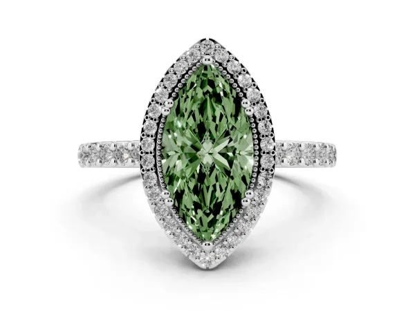 Fancy Green Marquise Cut Cut Diamond Halo Engagement Ring with Milgrain Detail and Pavé Band White gold