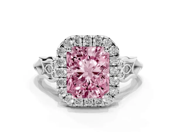 Fancy Pink Radiant Cut Halo Diamond Engagement Ring with Filigree Band and Four-Prong Setting Platinum