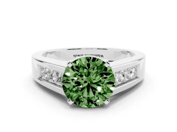 Fancy Green Round Cut Cut Channel Set Solitaire Ring with Four-Prong Setting White gold