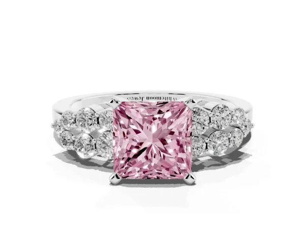 Fancy Pink Princess Cut Cluster Diamond Engagement Ring with Pavé Band and Four-Prong Setting White gold