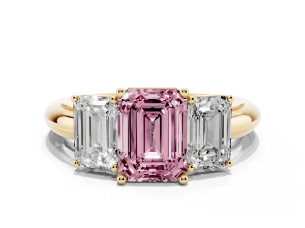 Fancy Pink Three-Stone Emerald Cut Cut Diamond Engagement Ring with Prong Setting on a White Gold Band Yellow gold