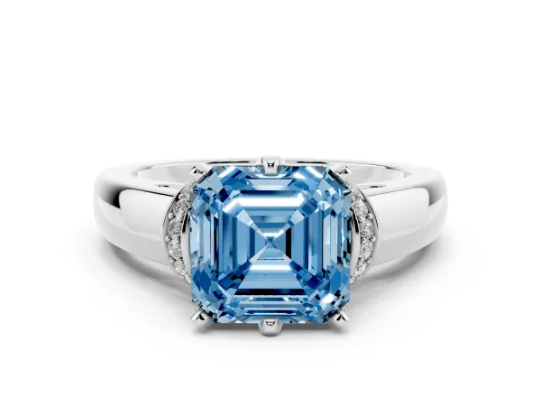 Fancy Blue Asscher Cut Solitaire Diamond Ring with Pave Band and Six-Prong Setting Platinum