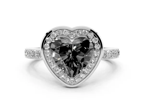 Fancy Black Heart Cut Diamond Halo Ring with Bezel Frame and Pavé Band White gold
