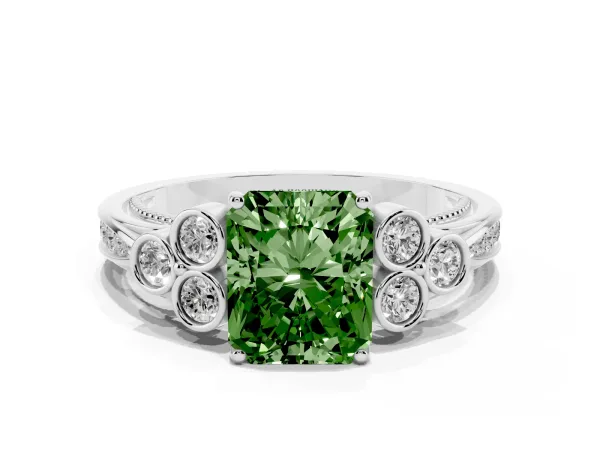 Fancy Green Radiant Cut Cut Diamond Engagement Ring with Bezel Set Round Side Stones and Prong Setting White gold