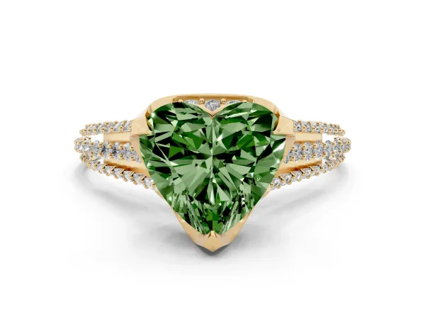 Fancy Green Heart Cut Solitaire Pave Split Shank Ring with Four-Prong Setting Yellow gold