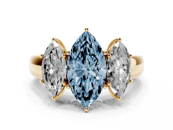 Fancy Blue Three-Stone Marquise Cut Cut Diamond Ring with Prong Setting and Classic Band Yellow gold