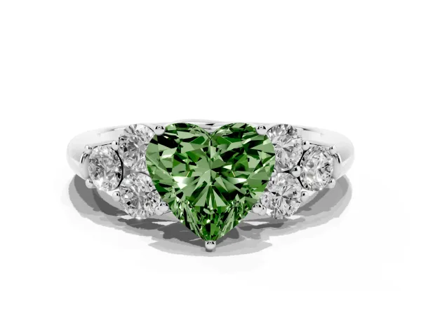 Fancy Green Heart Cut Cut Diamond Cluster Ring with Round Accent Stones and Prong Setting on a Classic Band Platinum