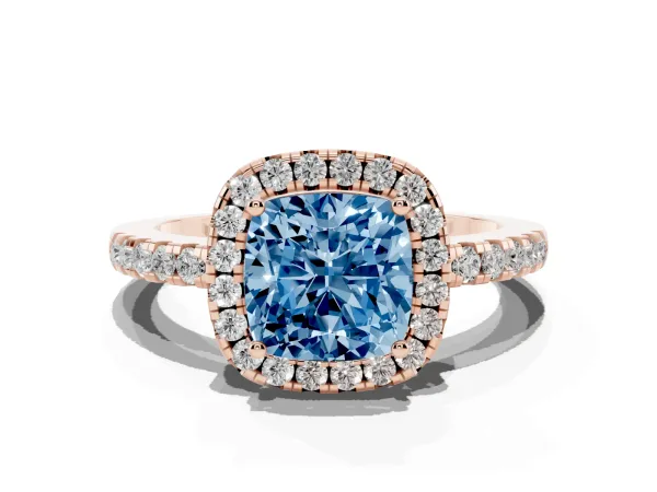 Fancy Blue Cushion Cut Halo Diamond Engagement Ring with Pavé Band and Four-Prong Setting Rose gold
