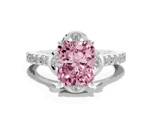 Fancy Pink Radiant Cut Diamond Ring with Pavé Band and Floral Prong Setting Platinum